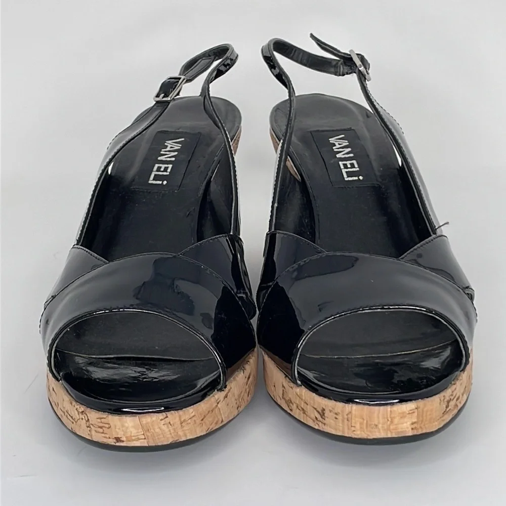 VAN ELI Wedge Heel Sandals Sling Back Open Toe Black Patent Leather Cork 9.5